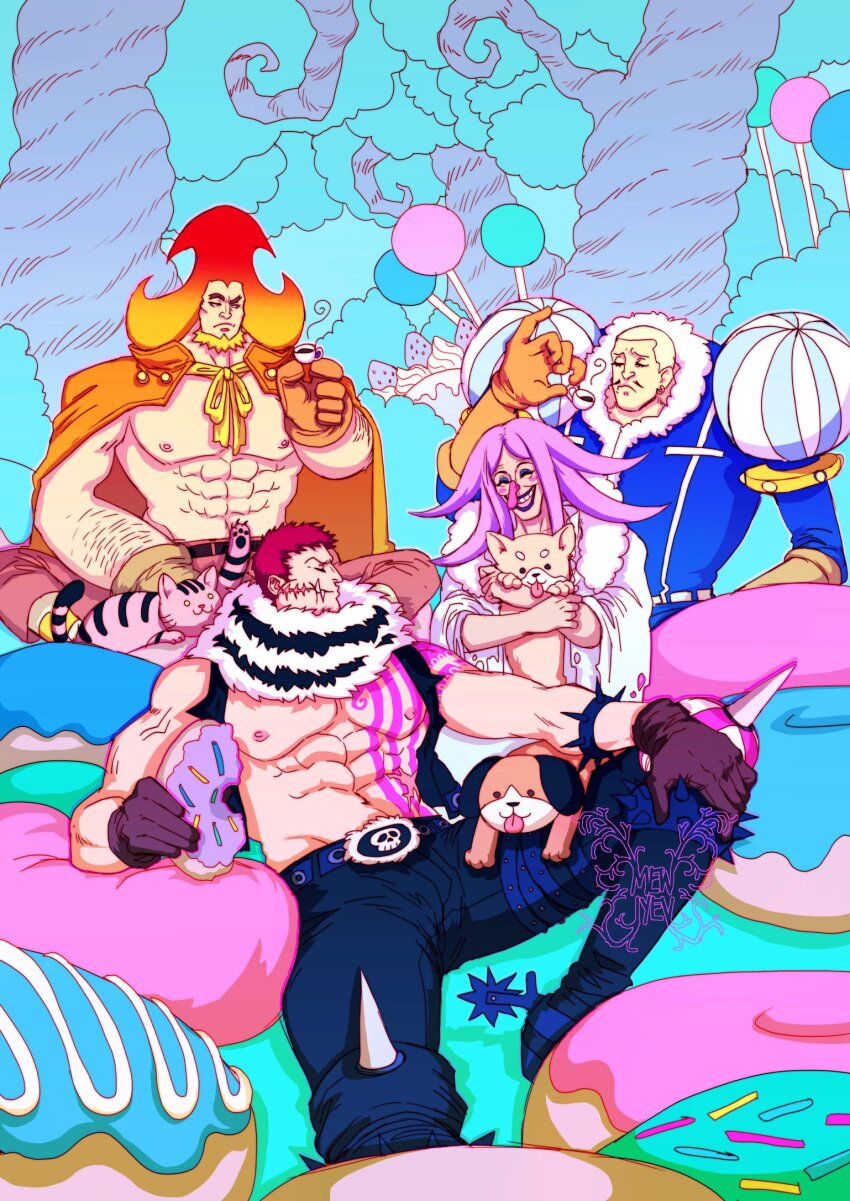 1girl 3boys :d abs animal animal_on_lap arm_hair bare_pectorals beard black_gloves blonde_hair blush bracelet buzz_cut candy cape cat charlotte_brulee charlotte_daifuku charlotte_katakuri charlotte_oven chest_tattoo closed_eyes coat covered_mouth cup dog donut earrings eating facial_hair food forked_eyebrows fur_collar gloves highres holding holding_animal holding_cup holding_food hot impossible_hair jewelry lipstick long_hair long_nose looking_to_the_side makeup mature_male mewiyev multiple_boys muscular muscular_male nipples on_lap one_piece open_clothes open_mouth open_vest orange_hair pants pectorals pencil_as_mustache pink_eyes pink_hair pink_pants purple_hair scar scar_on_face scarf short_hair shoulder_pads siblings sitting smile spiked_bracelet spikes stitches tattoo thick_eyebrows tree upper_body very_short_hair vest