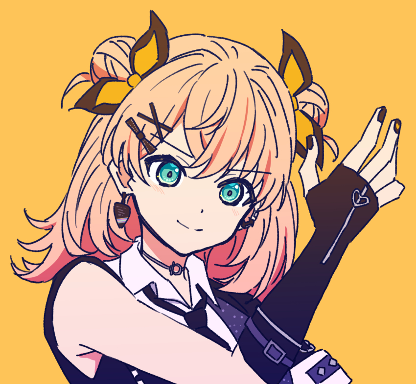 &gt;:) 1girl armpit_crease black_gloves black_jacket black_necktie closed_mouth collared_shirt commentary double_bun earrings elbow_gloves fingerless_gloves gloves hair_bun hair_ornament hinoshita_kaho i_do_me!_(love_live!) jacket jewelry link!_like!_love_live! looking_at_viewer love_live! medium_hair mismatched_earrings necktie nogreen official_alternate_costume official_alternate_hairstyle open_clothes open_jacket orange_hair shirt short-sleeved_jacket short_sleeves simple_background single_bare_shoulder single_sleeve smile solo split_mouth upper_body v-shaped_eyebrows virtual_youtuber white_shirt x_hair_ornament yellow_background
