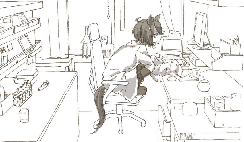 1girl agnes_tachyon_(umamusume) ahoge animal_ears beaker chair concentrating curtains desk feet_on_chair greyscale hair_between_eyes horse_ears horse_girl horse_tail lab_coat monitor monochrome multiple_girls root_12047841 shelf short_hair solo swivel_chair tail test_tube test_tube_rack typing umamusume window