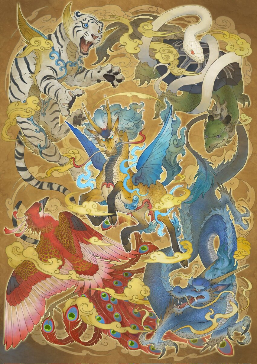 animal_ears beak bird blue_eyes byakko byakko_(kemono_friends) chinese_mythology deer dragon dragon_tail eastern_dragon eastern_dragon_tail feathers fiery_wings fire four_symbols genbu genbu_(kemono_friends) giraffe highres horse kemono_friends kemono_friends_3 looking_at_viewer open_mouth peacock phoenix_wings qilin_(mythology) sa_n_sa seiryuu seiryuu_(kemono_friends) shishin_(kemono_friends) snake suzaku suzaku_(kemono_friends) tail tiger tiger_ears tiger_tail white_tiger white_tiger_print wings