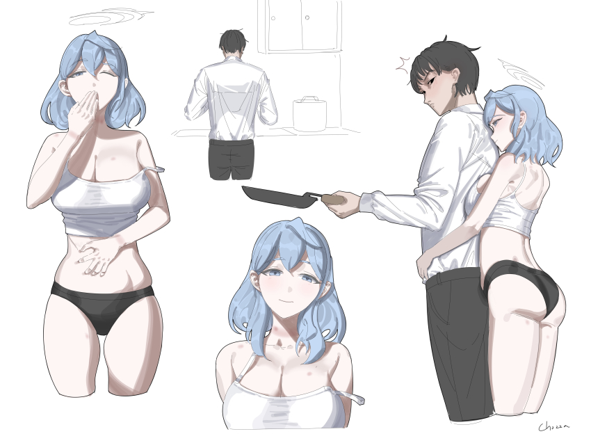 1boy 1girl absurdres ako_(blue_archive) alternate_costume bare_arms bare_shoulders black_eyes black_hair black_panties black_pants blue_archive blue_eyes blue_hair breasts chojja cleavage closed_mouth cooking covering_own_mouth hair_between_eyes halo highres holding_pan hug hug_from_behind large_breasts long_hair looking_back multiple_views no_pants panties pants sensei_(blue_archive) short_hair sidelocks tank_top underwear white_tank_top yawning