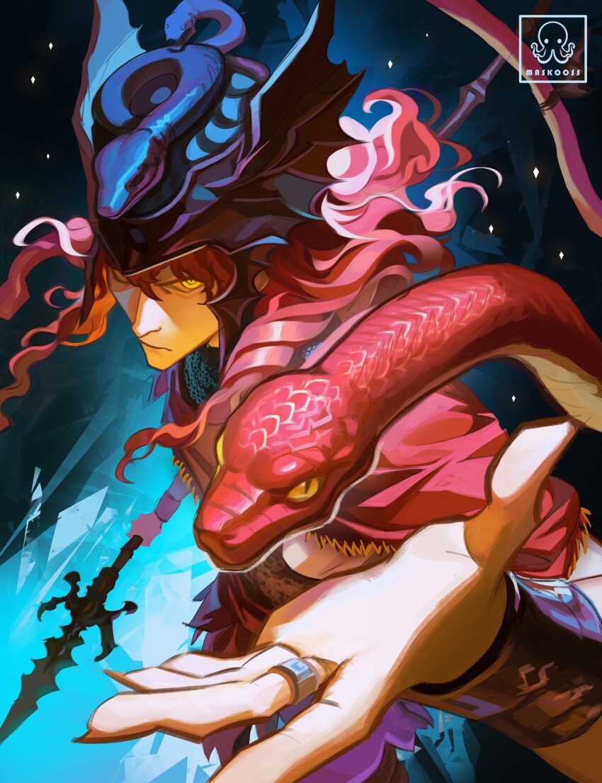 1boy animal bracer closed_mouth commentary cowboy_shot elden_ring elden_ring:_shadow_of_the_erdtree embers english_commentary fingernails floating_hair glaring helmet highres holding holding_polearm holding_weapon jewelry long_hair looking_at_viewer male_focus maskoo185826 messmer_the_impaler outstretched_hand polearm red_hair red_shawl red_snake ring sharp_fingernails shawl slit_pupils snake solo weapon winged_helmet yellow_eyes