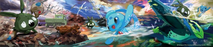 black_eyes blue_sclera colored_sclera commentary_request copyright_name empoleon gen_3_pokemon gen_4_pokemon gen_5_pokemon highres kawaguchi_youhei long_image mythical_pokemon nintendo no_humans official_art open_mouth phione pokemon pokemon_(creature) pokemon_tcg smile teeth trubbish upper_teeth_only wide_image wingull