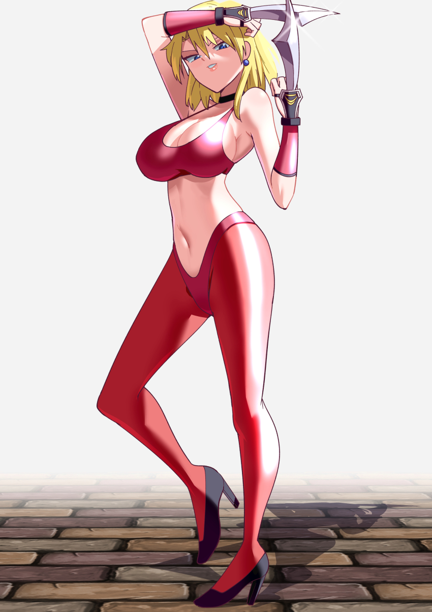 1girl absurdres blonde_hair blue_eyes breasts choker cleavage dual_wielding earrings fighting_stance final_fight final_fight_tough full_body high_heels highres holding jewelry large_breasts lips looking_at_viewer may_(final_fight) midriff navel pink_lips skin_tight solo sports_bra standing toku_sonchou weapon wrist_blades
