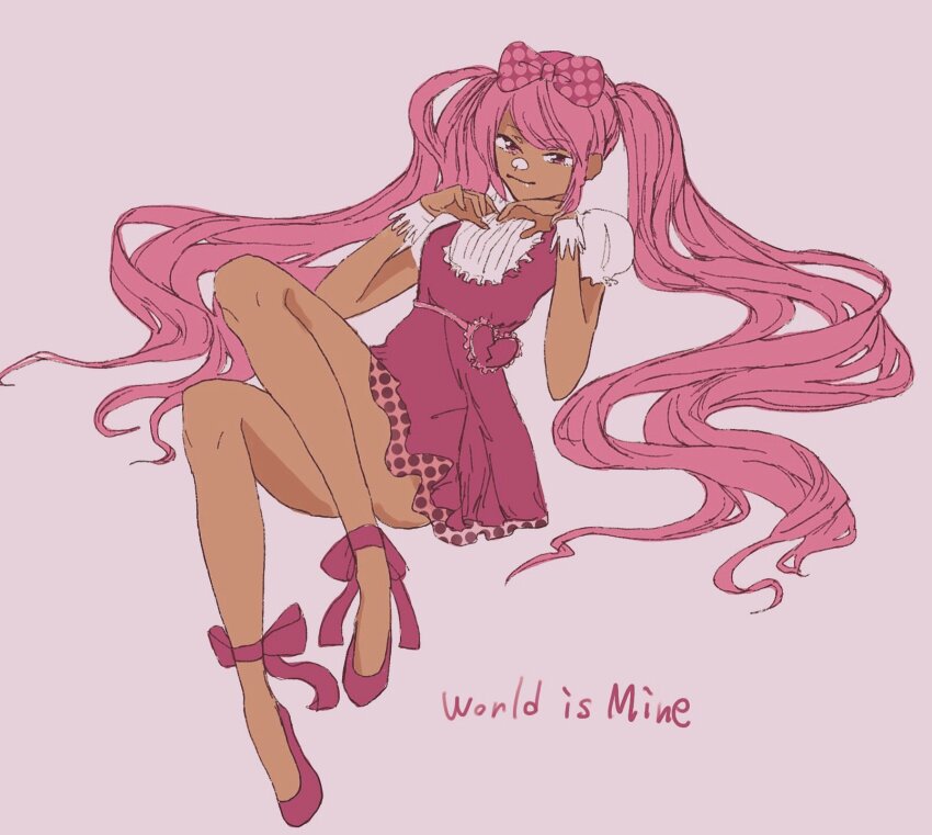 1girl argyle_bow bad_id bad_twitter_id belt bow broken_heart closed_mouth commentary_request dark-skinned_female dark_skin dress eyelashes frilled_dress frilled_sleeves frills full_body grey_background hair_bow hair_spread_out hands_on_own_chest heart highres knees_up long_hair lying miyam1yama omori on_back parody pinafore_dress pink_belt pink_bow pink_dress pink_eyes pink_hair pleated_dress puffy_short_sleeves puffy_sleeves shirt short_dress short_sleeves simple_background sleeveless sleeveless_dress smirk solo sweetheart_(omori) twintails unmoving_pattern very_long_hair wavy_hair white_shirt white_wrist_cuffs world_is_mine_(vocaloid) wrist_cuffs