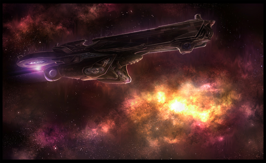 battlecruiser_(eve_online) black_border blueroguevyse border commentary concept_art eve_online flying from_side glowing highres military_vehicle nebula no_humans original outdoors science_fiction sky space spacecraft star_(sky) star_(symbol) starry_sky starry_sky_background vehicle_focus