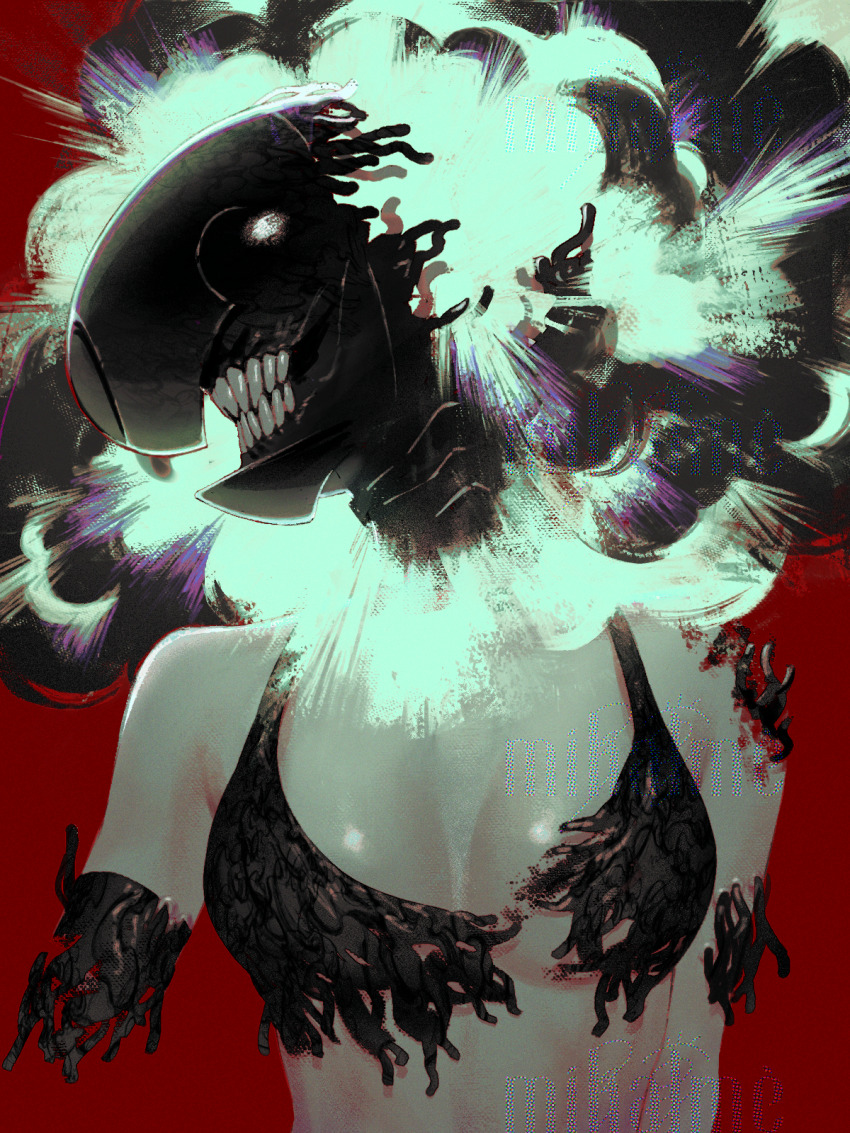 1girl amputee bomb_devil_(chainsaw_man) breasts chainsaw_man double_amputee explosion highres metre object_head red_background small_breasts solo teeth