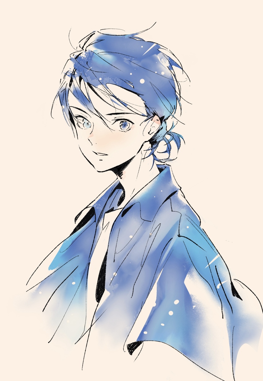 1boy absurdres ajiro_shinpei awarin blue_eyes blue_hair blue_shirt highres looking_at_viewer male_focus necktie parted_lips shirt short_hair solo summertime_render upper_body white_background white_necktie