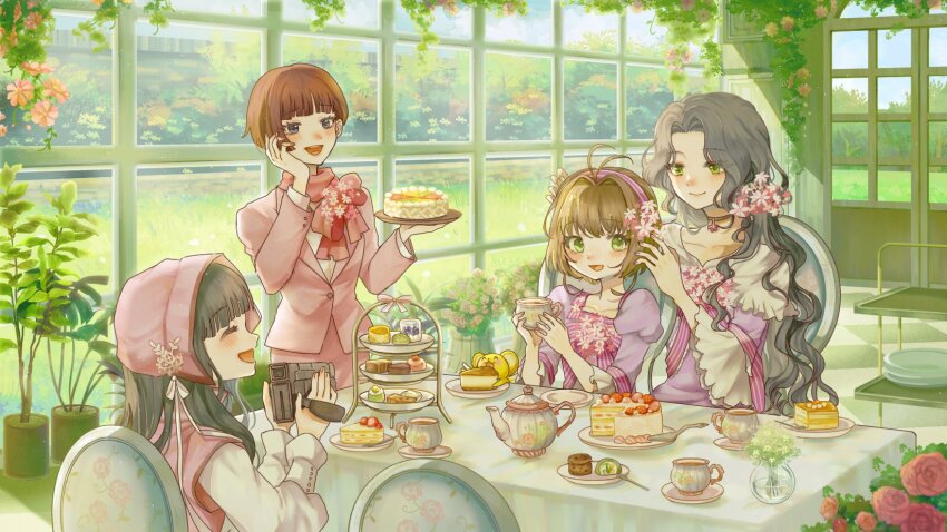 4girls ^_^ blunt_bangs blush brown_hair cake camera cardcaptor_sakura chinese_commentary closed_eyes commentary_request daidouji_sonomi daidouji_tomoyo food frilled_sleeves frills green_eyes green_theme grey_hair hair_intakes highres holding holding_camera indoors jacket kero_(cardcaptor_sakura) kinomoto_nadeshiko kinomoto_sakura mother_and_daughter multiple_girls pink_jacket pudding short_hair sitting strawberry_shortcake wei_bear