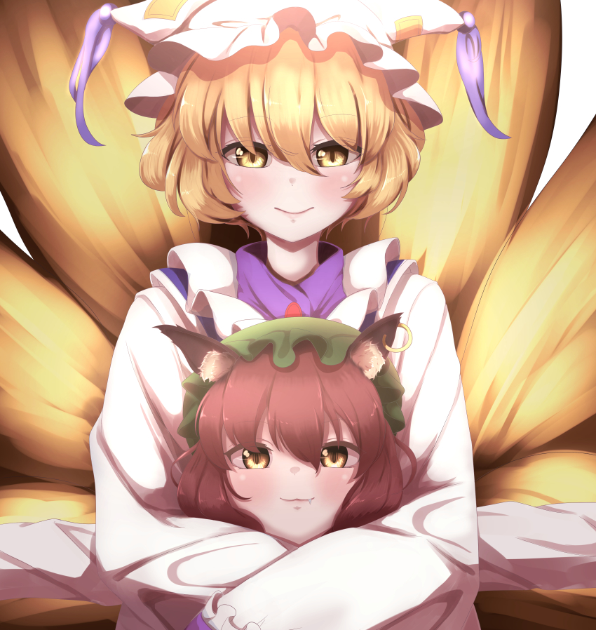 :3 absurdres animal_ear_fluff animal_ears animal_hat benjamin_1kt blonde_hair blush brown_hair cat_ears chen closed_mouth earrings fang fang_out fox_ears fox_tail frills hair_between_eyes hat height_difference highres jewelry looking_at_another looking_at_viewer medium_hair mob_cap multiple_tails mob_cap single_earring slit_pupils smile tail touhou upper_body yakumo_ran yellow_eyes