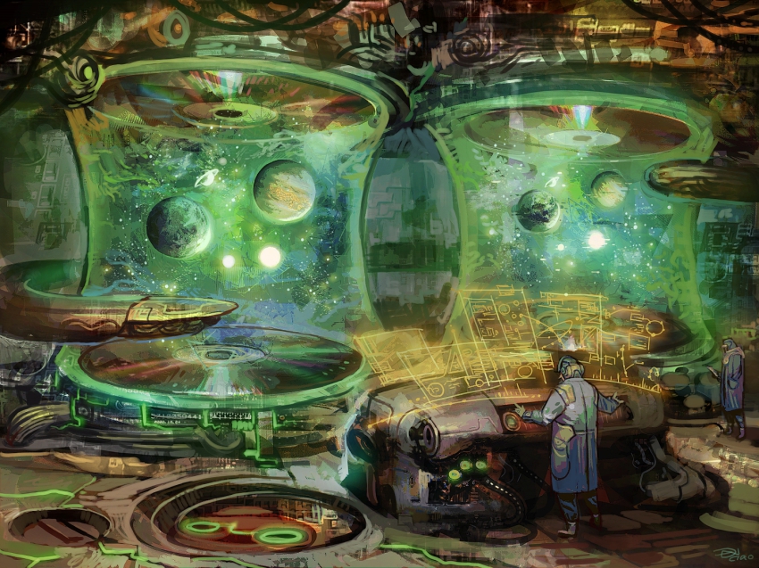 2boys abstract back coat computer dannoura_yuuki from_behind helmet hologram machine male_focus multiple_boys original planet scenery science_fiction signature space