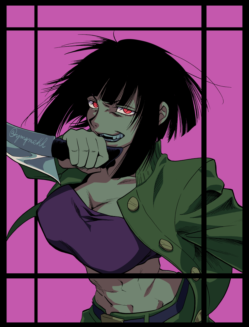 1girl absurdres bandeau belt black_border black_hair blunt_bangs blunt_ends border breasts cleavage collarbone commentary_request floating_clothes floating_hair green_jacket green_pants grin highres holding holding_knife jacket knife large_breasts looking_at_viewer looking_to_the_side midriff navel open_mouth original pants pink_background purple_bandeau purple_belt red_eyes short_hair smile solo upper_body yomogimo_chi