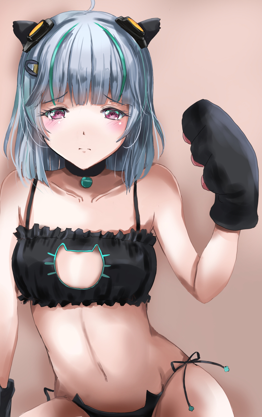 1girl absurdres admi_(nikke) ahoge alternate_costume animal_ears animal_hands bell black_bra black_choker black_panties blunt_bangs blush bra breasts brown_background c-wing cat_cutout cat_ear_panties cat_ears cat_lingerie choker closed_mouth clothing_cutout collarbone embarrassed frilled_bra frills furrowed_brow gloves goddess_of_victory:_nikke green_hair grey_hair groin hair_ornament hand_up headgear highres looking_at_viewer meme_attire multicolored_hair navel neck_bell panties paw_gloves pink_eyes side-tie_panties simple_background sitting small_breasts solo streaked_hair underwear