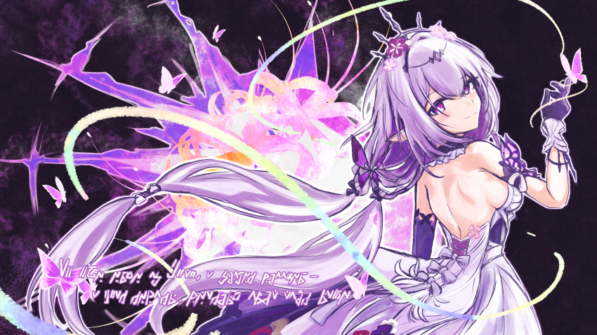 1girl absurdres back backless_dress backless_outfit black_tiara breasts bug butterfly butterfly_on_hand castorice_(honkai:_star_rail) commentary_request dress gloves highres honkai:_star_rail honkai_(series) insect long_hair looking_at_viewer medium_breasts okanda pointy_ears purple_eyes purple_gloves purple_hair sideboob solo tiara very_long_hair white_dress