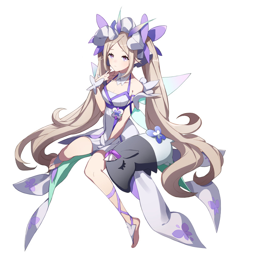 1girl absurdres anteater artist_request bare_shoulders barefoot between_legs breasts cleavage dress eversoul fairy fairy_wings frills full_body game_cg hand_between_legs hat highres light_blush light_brown_hair long_hair looking_at_viewer medium_breasts naiah_(eversoul) nightcap nightgown official_art parted_bangs pointy_ears purple_eyes ribbon sitting sleeveless solo tachi-e transparent_background twintails wariza wings wrist_ribbon