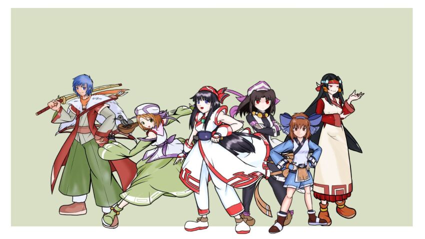 1boy 5girls ainu_clothes alternate_costume archery arm_under_breasts black_hair blue_eyes blue_hair boots breasts brown_eyes brown_hair crossed_arms fingerless_gloves gloves hair_ribbon hand_on_own_hip hands_on_own_hips legs long_hair manari medium_breasts multiple_girls nakoruru nakoruru_ano_hito_kara_no_okurimono rashoujin_mizuki red_eyes rera ribbon rimururu samurai_spirits short_hair shorts siblings sideboob sisters snk sword thighs weapon yantamu