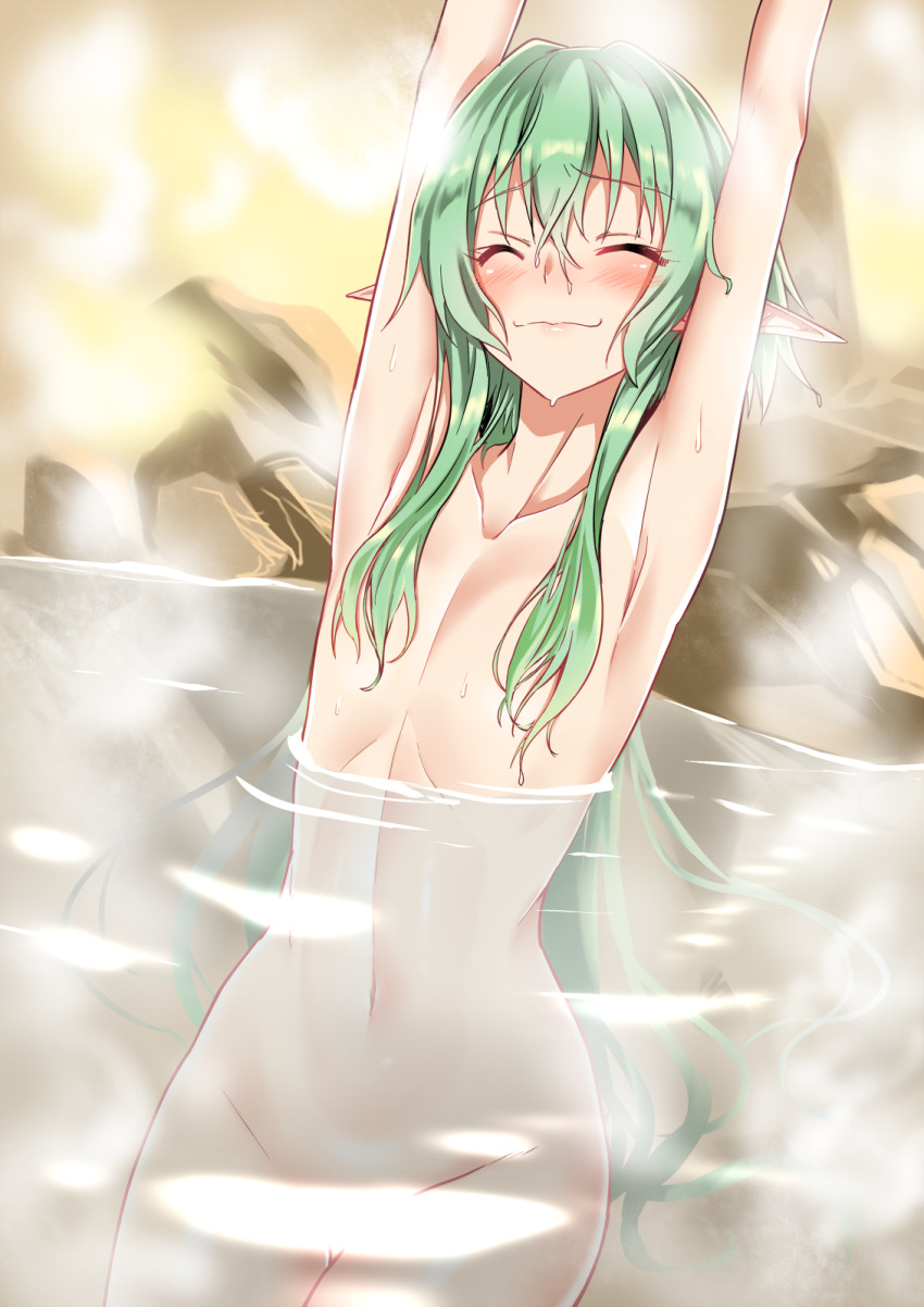 1girl :3 armpits arms_up bathing blush closed_eyes closed_mouth collarbone commentary_request completely_nude elf flat_chest goblin_slayer! green_hair groin hair_censor high_elf_archer_(goblin_slayer!) highres long_hair no_pussy nude onsen partially_submerged pointy_ears rock sitting smile solo steam stretching thigh_gap water wet yuto_(dialique)