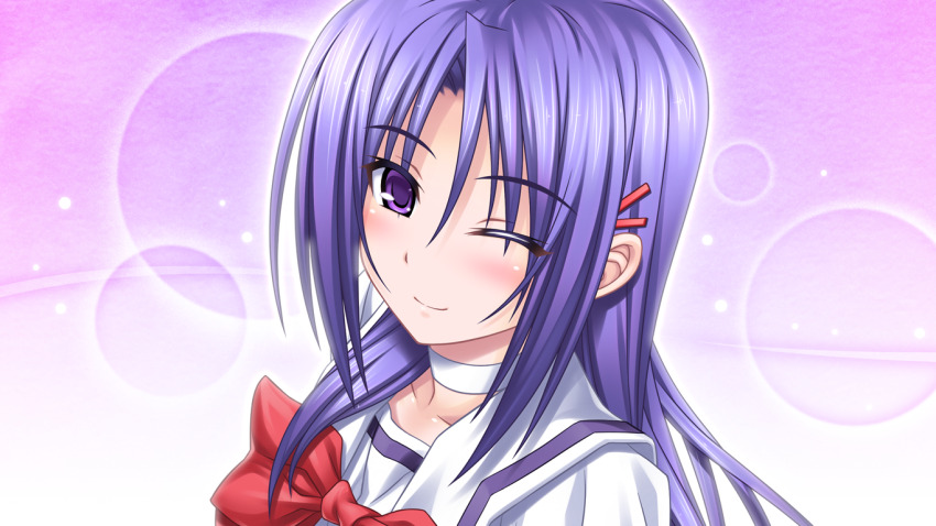 1boy ;) blush bow choker crossdressing game_cg hair_ornament hairclip higuchi_isami long_hair mahou_shoujo_sae male_focus murakami_shizuru non-web_source official_art one_eye_closed purple_eyes purple_hair school_uniform smile solo trap variant_set white_choker