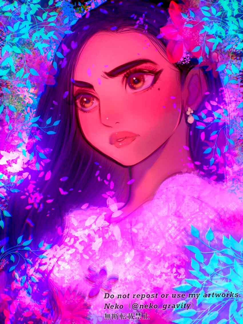 1girl absurdres black_hair brown_eyes brown_hair colombian_clothes dark-skinned_female dark_skin dress earrings encanto flower hair_flower hair_ornament highres isabela_madrigal jewelry long_hair mole mole_under_eye nyamunekonabe purple_dress purple_petals simple_background very_dark_skin