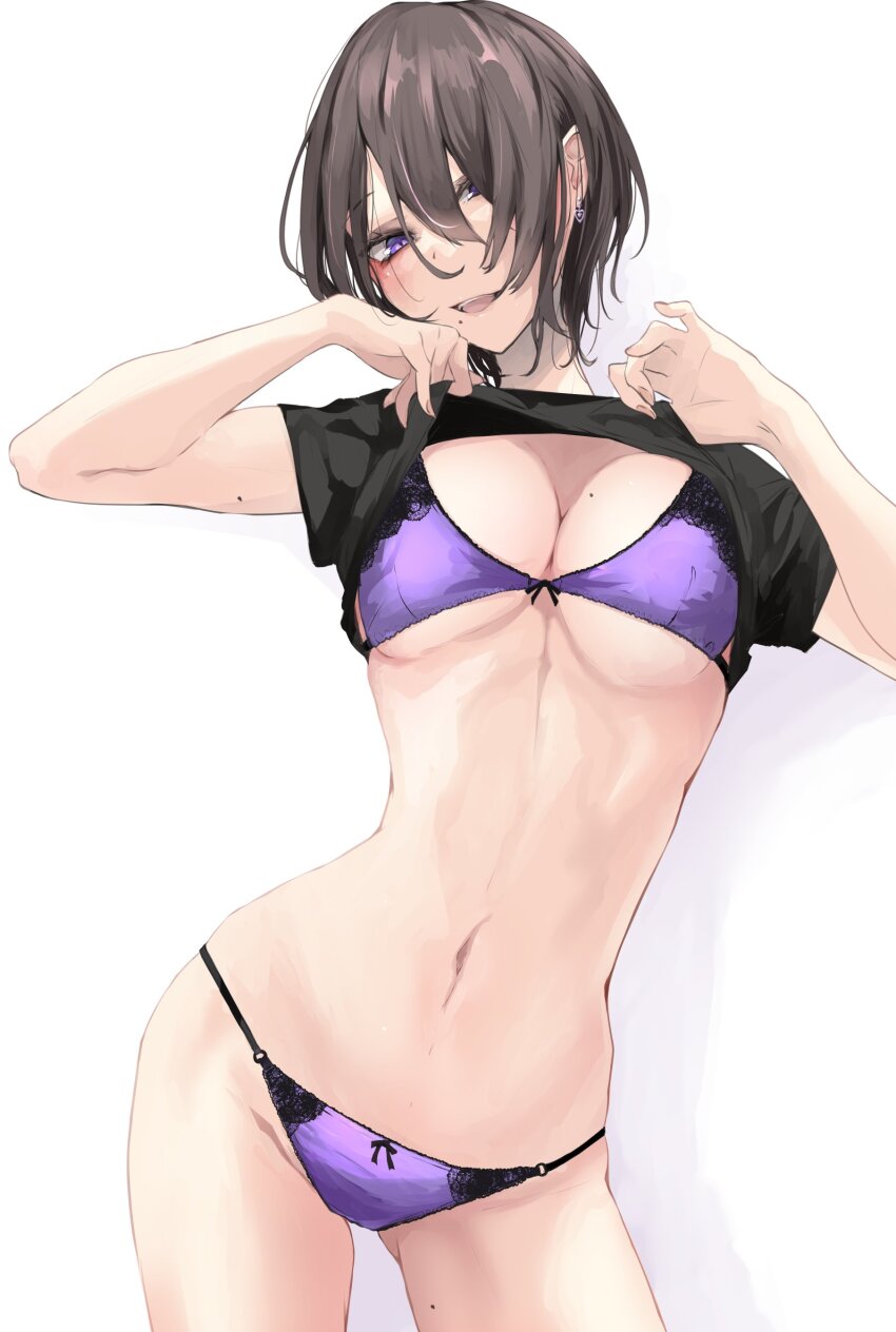 1girl absurdres akiyama_cz4a arms_up black_shirt blush bow bow_bra bra breasts cleavage crop_top earrings frilled_bra frilled_panties frills hair_between_eyes hair_over_one_eye heart heart_earrings highres jewelry lifting_own_clothes lips looking_at_viewer medium_breasts mole mole_on_arm mole_on_breast mole_on_thigh mole_under_mouth navel open_mouth original panties pink_lips purple_bra purple_eyes purple_panties shirt short_hair slit_pupils smile solo teeth underboob underwear upper_teeth_only white_background wide_hips