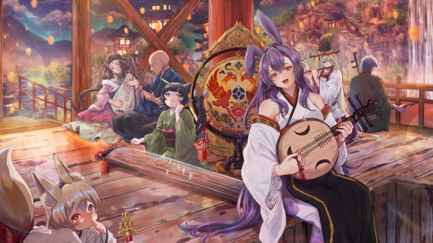 2boys 5girls animal_ears architecture bald bell blue_kimono blush cat_ears closed_eyes detached_sleeves east_asian_architecture flipped_hair flute fox_ears fox_tail gong green_eyes guzheng hat holding holding_plectrum instrument instrument_request japanese_clothes jingle_bell kagura_suzu kaibara_akehiko kimono lantern long_hair lute_(instrument) medium_hair multiple_boys multiple_girls music night outdoors playing_instrument plectrum purple_hair rabbit_ears railing sitting tail tate_eboshi very_long_hair wooden_floor yueqin