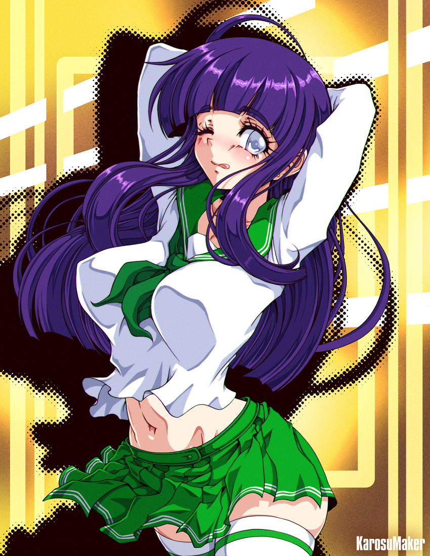 1girl ;q alternate_costume arms_behind_head artist_name blunt_bangs breasts commentary commission contemporary cowboy_shot green_neckerchief green_sailor_collar green_skirt grey_eyes highres hyuuga_hinata karosu_maker large_breasts long_hair long_sleeves looking_at_viewer midriff naruto_(series) navel neckerchief neckerchief_between_breasts one_eye_closed pleated_skirt purple_hair sailor_collar school_uniform serafuku shadow shirt skirt solo standing thighhighs tongue tongue_out white_shirt white_thighhighs yellow_background