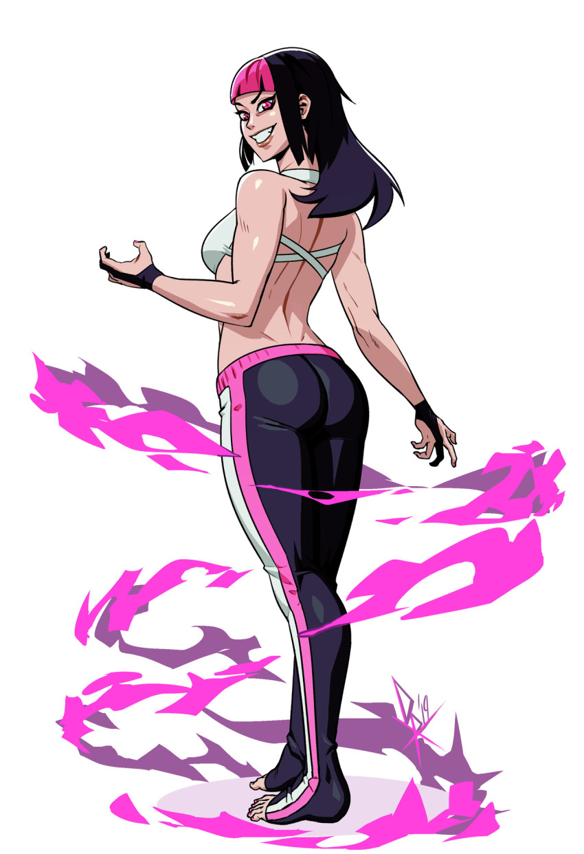 1girl alternate_costume ass aura black_hair blunt_bangs breasts capcom diepod dimples_of_venus evil_grin evil_smile female_focus from_behind full_body gloves grin halterneck han_juri highres lips looking_back medium_breasts medium_hair multicolored_hair nail_polish pants partially_fingerless_gloves pink_eyes pink_hair pink_nails smile solo street_fighter street_fighter_v striped toeless_legwear toenail_polish toenails toes track_pants two-tone_hair vertical_stripes