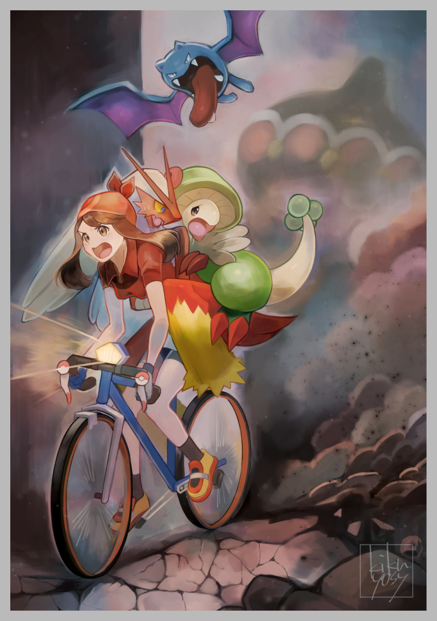 1girl bandana bicycle bike_shorts blaziken border breloom brown_eyes brown_hair claydol collared_shirt commentary flying gen_1_pokemon gen_3_pokemon golbat grey_border highres kikuyoshi_(tracco) long_hair may_(pokemon) nintendo open_mouth outdoors pokemon pokemon_(creature) pokemon_rse red_shirt riding riding_bicycle rock shirt short_sleeves signature sitting skirt smoke tongue watermark white_skirt