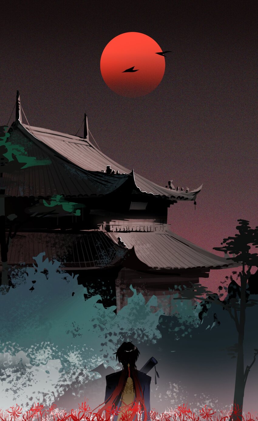1boy animal architecture bird black_hair blade_(honkai:_star_rail) chinese_commentary east_asian_architecture flower highres honkai:_star_rail honkai_(series) house long_hair moon outdoors red_flower red_moon rooftop sky solo standing suirandanshihao tree upper_body
