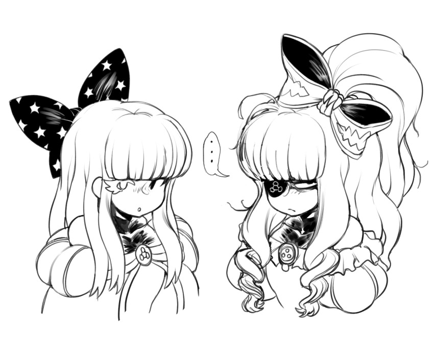 ... 2boys asymmetrical_eyes bow circle_print demi_(dizzyspells) dizzyspells feminine frills frown glaring hair_bow hair_ribbon high_ponytail highres long_hair looking_at_viewer male_focus multiple_boys original parted_lips ponytail ribbon shaded_face sidelocks speech_bubble symbol trap triangle_print upper_body very_long_hair