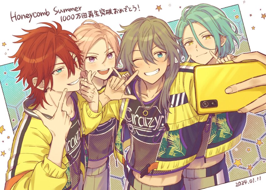 2024 4boys :d ;d amagi_rinne arm_up bishounen chain chain_necklace crazy_b_(ensemble_stars!) dated ensemble_stars! finger_to_cheek fingersmile foreshortening grin hair_over_shoulder happy highres himeru_(ensemble_stars!) holding holding_phone idol_clothes jacket jewelry male_focus multicolored_jacket multiple_boys navel necklace one_eye_closed open_clothes open_jacket open_mouth otabe_(g0hanpanmen) oukawa_kohaku outstretched_arm pants phone print_jacket see-through_clothes see-through_shirt shiina_niki shirt smile split_mouth stomach taking_picture toned yellow_jacket