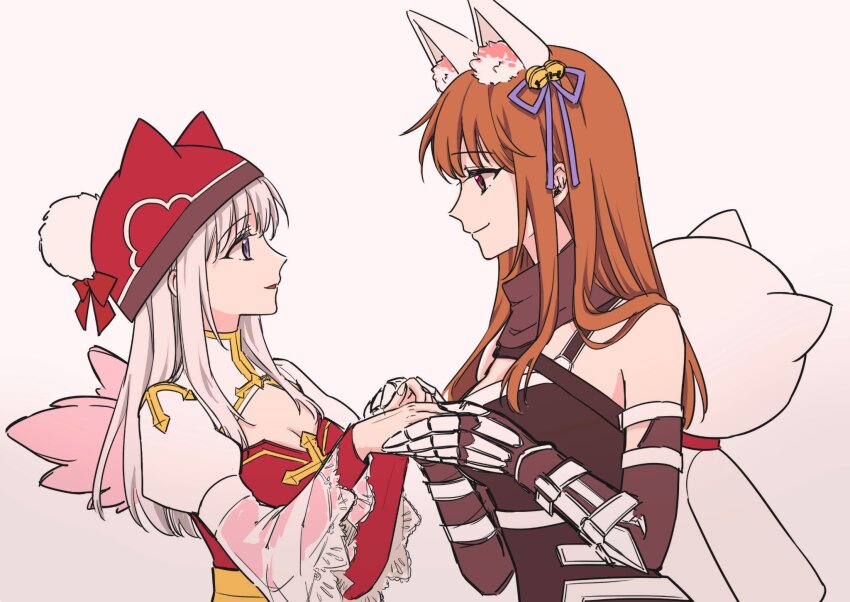 2girls animal_ears arch_bishop_(ragnarok_online) beanie bell black_gloves black_leotard breasts brown_eyes brown_hair chinese_commentary cleavage cleavage_cutout closed_mouth clothing_cutout commentary_request cross dress elbow_gloves fox_ears fox_girl gauntlets gloves grey_eyes grey_hair guillotine_cross_(ragnarok_online) hair_bell hair_ornament hair_ribbon hat highres holding_hands jingle_bell juliet_sleeves leotard long_hair long_sleeves looking_at_another medium_breasts multiple_girls official_alternate_costume puffy_sleeves purple_ribbon ragnarok_online red_dress red_hat ribbon sash simple_background smile two-tone_dress upper_body w051 white_background white_dress yellow_sash yuri