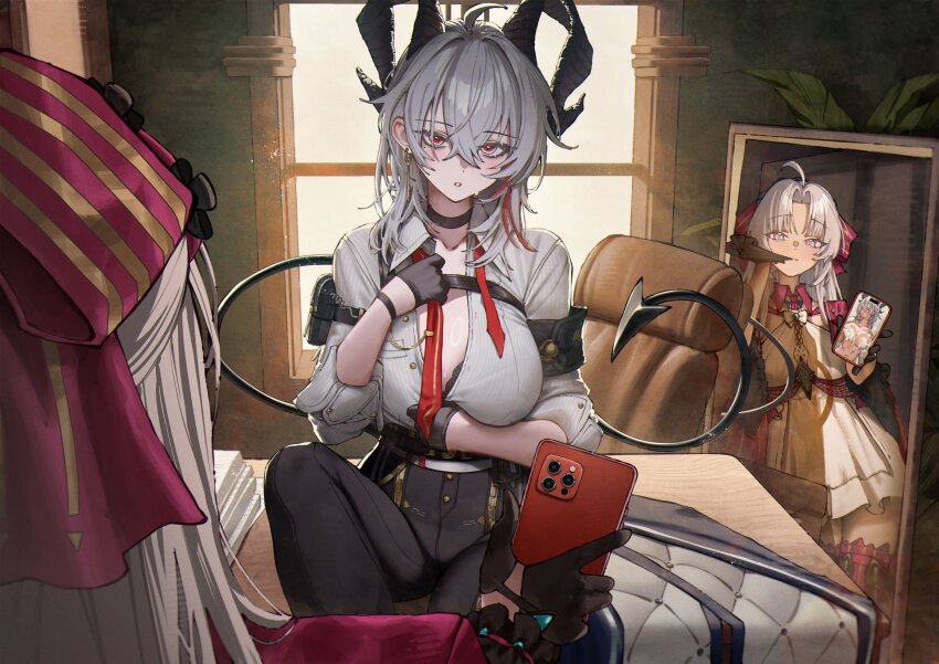 2girls aqua_eyes arm_pouch armband betabeet biting biting_glove black_armband black_bra black_choker black_gloves black_horns black_pants black_pouch black_tail blush bow bra bra_peek breasts carlotta_(wuthering_waves) cellphone choker collarbone commentary curled_horns demon_tail desk dress earrings gloves grey_hair hair_between_eyes hair_bow hashtag-only_commentary highres holding holding_phone horns jewelry key_earrings large_breasts long_hair looking_at_viewer multicolored_hair multiple_girls necktie on_desk pants parted_lips phone pink_bow red_eyes red_necktie reflection shirt shirt_tucked_in sitting smartphone streaked_hair striped_bow tail thighs underwear undone_necktie white_dress white_hair white_shirt wuthering_waves zani_(wuthering_waves)