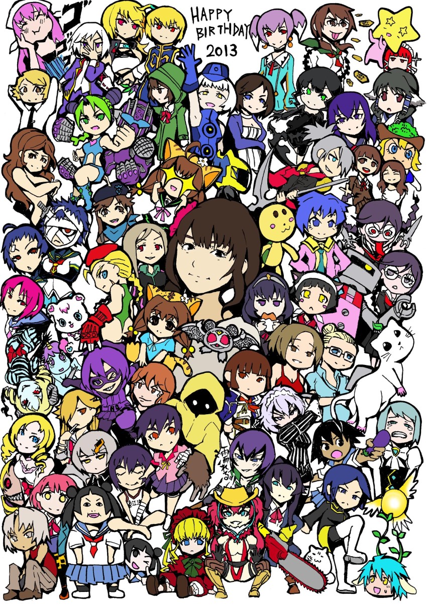 6+girls ace_attorney beret bioshock bioshock_(series) bioshock_infinite black_hair blonde_hair blue_eyes blue_gloves blue_hair blue_skirt bow braid brown_eyes brown_footwear brown_hair cammy_white canaan_(character) catherine_(game) chainsaw character_request copyright_request cowboy_hat danganronpa_(series) elizabeth_(bioshock_infinite) english_text eye_mask eye_mask food fukawa_toko genocider_shou gloves green_hair grey_eyes grey_hair hair_ornament hair_over_one_eye hair_tubes happy_birthday hat highres hit-girl holding holding_scissors horns jojo_no_kimyou_na_bouken kick-ass light_blue_hair multiple_girls one_eye_closed persona pink_hair purple_eyes purple_hair purple_skirt red_bow red_eyes red_footwear red_hair red_hat sailor_collar samidare_satsuki sawashiro_miyuki school_uniform scissors sharp_teeth skirt street_fighter tears teeth top_wo_nerae!_(series) top_wo_nerae_2! twintails voice_actor_connection white_footwear white_hair yellow_eyes yoshino_chidori