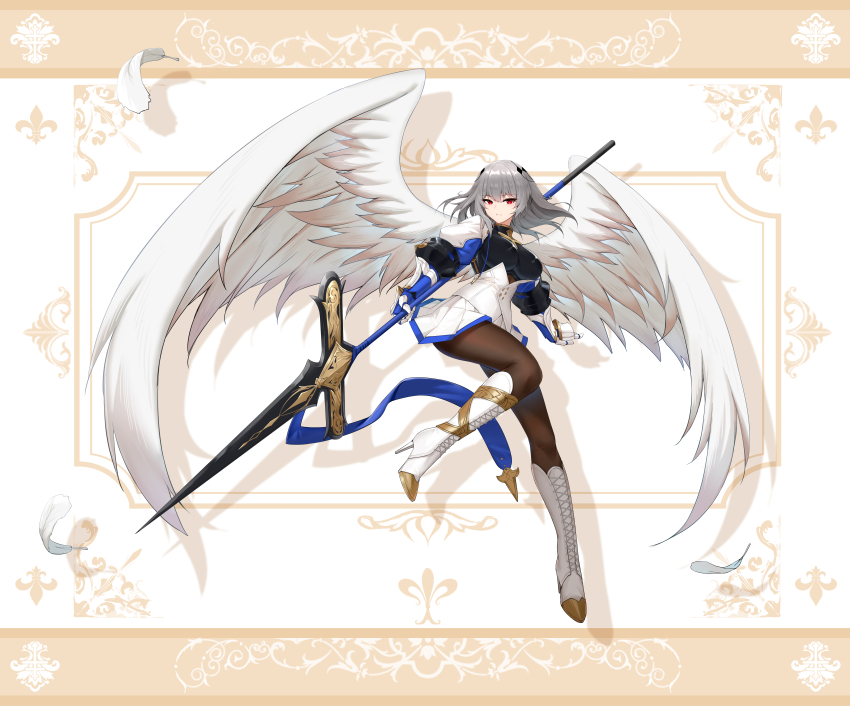 1girl absurdres armor azur_lane blue_ribbon bodystocking boots breastplate breasts corset feathered_wings feathers fleur-de-lis full_body gauntlets grey_hair high_heel_boots high_heels highres holding holding_polearm holding_weapon iris_libre_(emblem) kafeifeifeifeifeifei_jiemo_jun lace-up_boots long_hair looking_at_viewer medium_breasts miniskirt pleated_skirt polearm puffy_sleeves red_eyes ribbon saint-louis_(azur_lane) skirt solo spear weapon white_background white_boots white_corset white_skirt wings