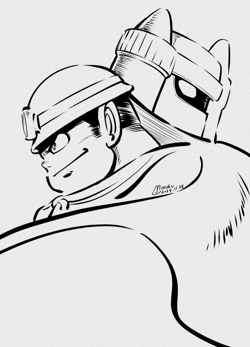 1boy 2024 cape dated from_side getter-3 getter_robo getter_robo_(classic) greyscale highres ishikawa_ken_(style) male_focus mecha mecha_focus miroku_(miroku_t) monochrome musashi_tomoe official_style portrait profile robot scarf short_hair smile super_robot thick_eyebrows v-shaped_eyebrows very_short_hair