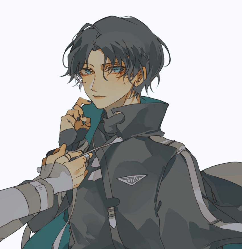 2boys absurdres aqua_eyes black_hair black_jacket black_nails cyuer11 disembodied_hand fenix_uniform highres igarashi_daiji jacket kagero_(kamen_rider_revice) kamen_rider kamen_rider_revice messy_hair military military_jacket multiple_boys nail_polish removing_jacket short_hair white_background white_sleeves