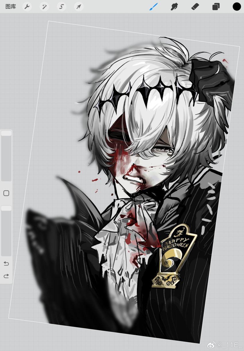 11e 1boy art_program_in_frame artist_name ascot black_gloves blood blood_on_clothes blood_on_face bloody_tears chinese_commentary clenched_teeth commentary_request crossed_bangs diamond_hairband double-parted_bangs frown gloves grabbing_own_hair grey_background grid_background hair_between_eyes hand_in_own_hair hand_up happy_halloween highres injury male_focus missing_eye nosebleed one_eye_closed pain pinstripe_pattern procreate_(medium) procreate_(software) reverse_ryona short_hair simple_background skully_j._graves solo tears teeth twisted_wonderland upper_body very_short_hair watermark weibo_watermark white_ascot white_hair