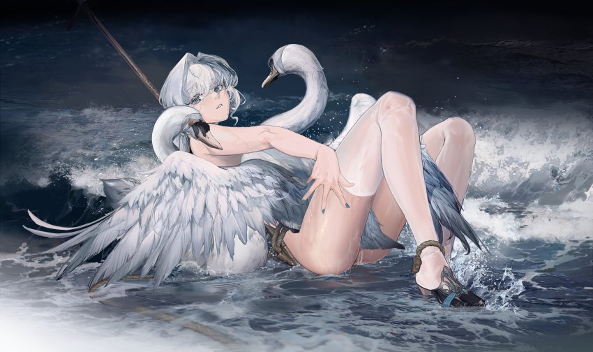 1girl absurdres bird bound_ankles gtcpst highres looking_at_viewer no_panties rope solo swan thighhighs water waves wet white_hair white_thighhighs