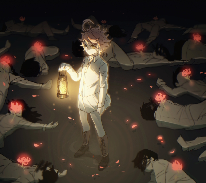 1girl ahoge arm_at_side boots censored censored_identity closed_eyes corpse dark emma_(yakusoku_no_neverland) eyelashes flower highres holding holding_lantern lantern long_sleeves neck_tattoo night number_tattoo pleated_skirt qin_(7833198) short_hair skirt solo_focus spider_lily tattoo yakusoku_no_neverland