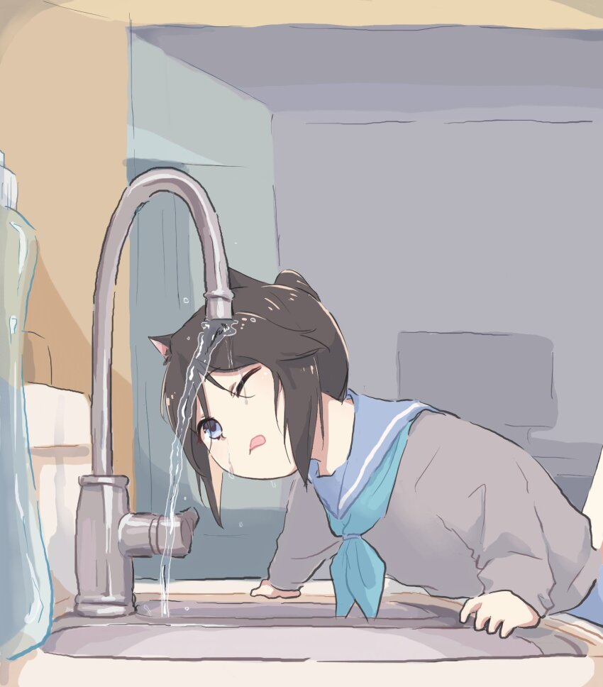 2girls animal_ears aqua_neckerchief blue_eyes blue_serafuku blue_skirt brown_hair cat_ears cat_under_faucet_(meme) chibi closed_mouth commentary_request faucet hair_flaps hibike!_euphonium highres indoors kasaki_nozomi kitauji_high_school_uniform kitchen leaning leaning_forward liz_to_aoi_tori long_sleeves looking_at_object lyy meme multiple_girls neckerchief on_head one_eye_closed ponytail sailor_collar school_uniform serafuku sidelocks skirt standing television tongue tongue_out water water_drop wet wet_face wet_hair yoroizuka_mizore