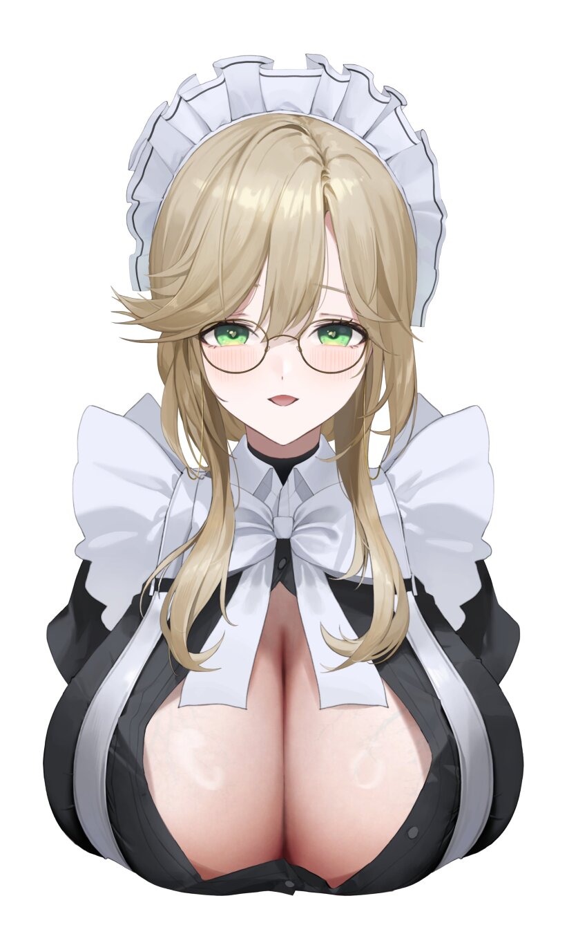 1girl absurdres ade_(nikke) apron bbul_horn black_dress blonde_hair blush bow bowtie breasts cleavage collar cropped_torso dress frilled_hairband frills glasses goddess_of_victory:_nikke green_eyes hair_between_eyes hairband hashtag-only_commentary heart heart_in_eye highres huge_breasts long_hair looking_at_viewer maid maid_headdress open_mouth partially_unbuttoned round_eyewear simple_background symbol_in_eye white_apron white_background white_bow white_bowtie white_collar white_hairband