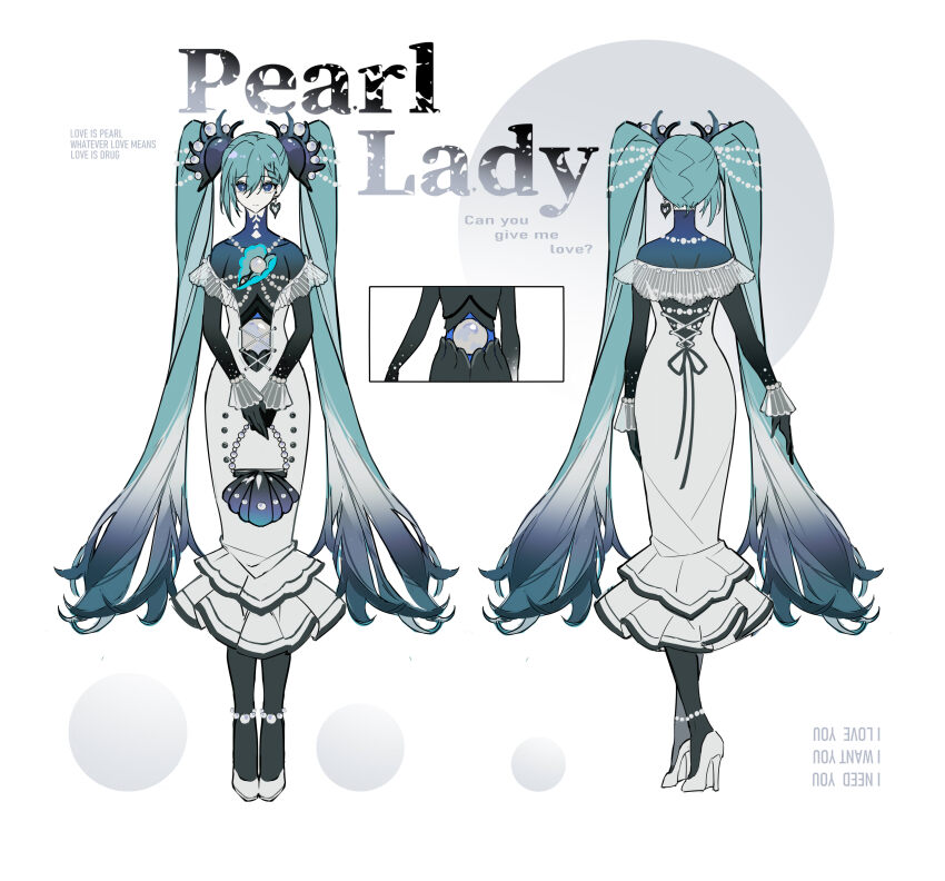 1girl absurdres bag black_gloves black_pantyhose black_shirt blue_eyes blue_hair covered_collarbone dress english_text gem gloves hair_between_eyes handbag hatsune_miku high_heels highres holding holding_bag kazenemuri long_hair multiple_views own_hands_together pantyhose pearl_(gemstone) seashell see-through_clothes shell shirt shoes tight_clothes tight_shirt turnaround twintails very_long_hair vocaloid white_background white_dress white_footwear wrist_cuffs