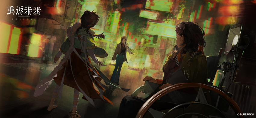 3girls ankle_bell bandaged_leg bandages barefoot black_hair black_neckerchief black_pants black_shirt blurry blurry_background braid brown_coat brown_hat brown_jacket chinese_clothes city cityscape coat coat_on_shoulders confrontation copyright_name copyright_notice denim dutch_angle faceoff facing_another facing_away feather_boa feet_out_of_frame floating_hair floodlights from_behind full_body glitch green_hanfu hanfu hat highres jacket jeans lantern leg_wrap liang_yue_(reverse:1999) logo long_hair long_sleeves low_twin_braids medium_hair medium_skirt multiple_girls neckerchief neon_lights night noire_(reverse:1999) official_art official_wallpaper pants paper_lantern puppet qi_xing_(reverse:1999) red_shirt red_skirt reverse:1999 shirt sitting skirt standing twin_braids vest wheelchair white_vest wide_sleeves