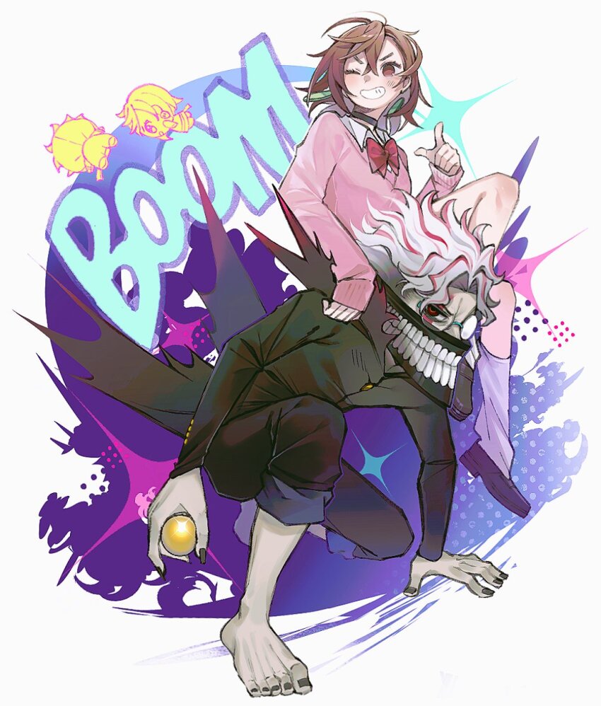 1boy 1girl arm_support ayase_momo ball barefoot black_choker black_jacket black_nails black_pants blush bow bowtie brown_eyes brown_hair brown_shoes chibi chibi_inset choker collared_shirt comimingming crossed_bangs dandadan earrings facial_mark full_body gakuran glasses grin gyaru hair_between_eyes hand_on_ground highres holding holding_ball jacket jewelry kami_high_school_uniform knee_up long_sleeves looking_at_viewer loose_socks mask mouth_mask multicolored_hair on_one_knee one_eye_closed pants pants_rolled_up pink_sweater pointing pointing_at_viewer red_bow red_bowtie red_hair round_eyewear school_uniform shirt shirt_under_sweater shoes short_hair sitting_on_shoulder sleeves_past_wrists smile socks sparkle sweater takakura_ken_(dandadan) takakura_ken_(transformed)_(dandadan) transformation two-tone_hair v-shaped_eyebrows white_hair white_shirt white_socks