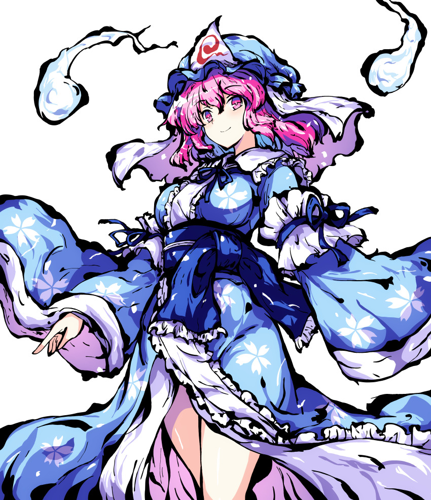 1girl absurdres blue_hat blue_kimono blue_ribbon breasts closed_mouth commentary frilled_kimono frills hat highres hitodama japanese_clothes kimono long_sleeves looking_at_viewer mob_cap neck_ribbon petal_print pink_eyes pink_hair pioartstuff print_kimono ribbon saigyouji_yuyuko sleeve_garter smile solo touhou transparent_background triangular_headpiece wide_sleeves