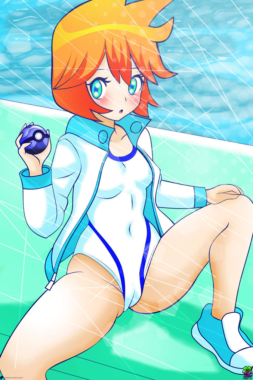 1girl aqua_eyes blue_footwear blush breasts cameltoe collarbone dive_ball holding holding_poke_ball jacket lens_flare long_sleeves looking_at_viewer lucky-jj misty_(pokemon) nintendo one-piece_swimsuit open_clothes open_jacket open_mouth orange_hair poke_ball pokemon pokemon_hgss shoes short_hair simple_background sitting small_breasts spread_legs swimsuit water white_jacket white_one-piece_swimsuit