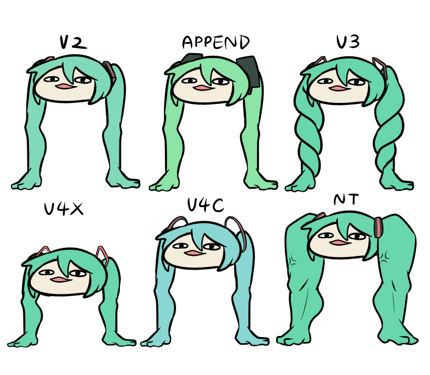 6+girls absurdres barefoot black_eyes chinese_commentary commentary full_body hair_ornament hatsune_miku hatsune_miku_(append) hatsune_miku_(nt) hatsune_miku_(vocaloid3) hatsune_miku_(vocaloid4) hatsune_miku_(vocaloid4)_(chinese) highres legs multiple_girls multiple_persona muscular open_mouth piapro_studio shiteyan&#039;yo smile standing tianqinmeige twintails v4x veins veiny_thighs vocaloid vocaloid_append white_background