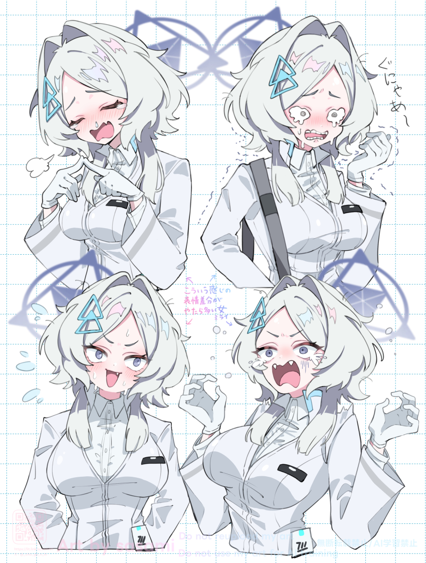 1girl absurdres blue_archive breasts collared_shirt fangs grey_hair hair_intakes halo highres id_card long_sleeves mirai_(blue_archive) multiple_expressions purple_eyes purple_halo sasami_(cho_ge_n_ki) shirt solo translation_request
