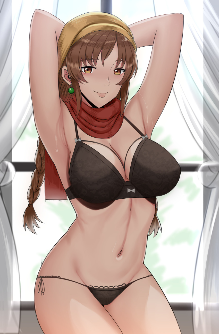1girl arms_behind_head black_bra black_panties bow bow_bra bra braid breasts brown_eyes brown_hair commission curtains day earrings highres indoors jewelry large_breasts ling_shen_hua lingerie looking_at_viewer micchan_(micchanmeido) midriff navel panties pixiv_commission red_scarf scarf sega shenmue shenmue_the_animation smile solo stomach sweat sweatdrop thighs twin_braids underwear window yellow_headwear